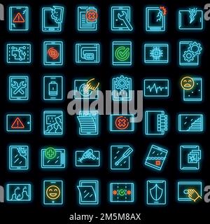 Symbol für die Tablettreparatur eingestellt. Umriss Satz von Tablet Reparatur Vektor-Symbole Neonfarbe auf schwarz Stock Vektor