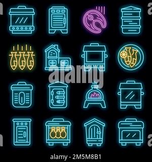Symbole für Räucherei eingestellt. Skizzieren Satz von Smokehouse Vektor-Symbole Neonfarbe auf schwarz Stock Vektor