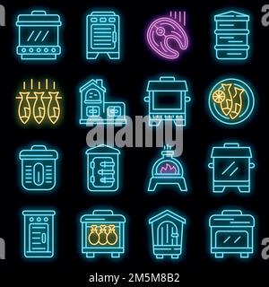 Symbole für Räucherei eingestellt. Skizzieren Satz von Smokehouse Vektor-Symbole Neonfarbe auf schwarz Stock Vektor