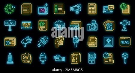Symbole für die Anzeige von Bildern eingestellt. Umreißt einen Satz von reportage Vektor-Symbolen in Neonfarbe auf Schwarz Stock Vektor