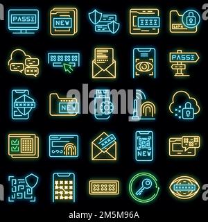 Symbole für die Passwortwiederherstellung festgelegt. Umreißen Satz von Passwort Wiederherstellung Vektor-Symbole Neonfarbe auf schwarz Stock Vektor