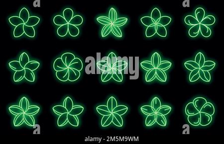 Plumeria-Symbole gesetzt. Umreißen Satz von plumeria Vektor-Icons Neonfarbe auf schwarz Stock Vektor