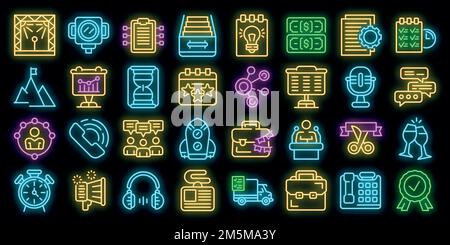 Symbole für die Ereignisverwaltung festgelegt. Umreißt einen Satz von Vektorsymbolen für die Ereignisverwaltung in Neonfarbe auf Schwarz Stock Vektor