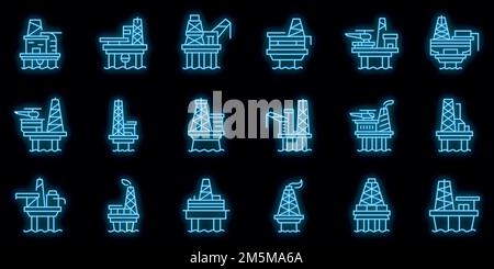 Symbole für das Bohrgerät auf See gesetzt. Skizzieren Sie Set von Sea Drilling Rig Vektor-Icons Neonfarbe auf schwarz Stock Vektor