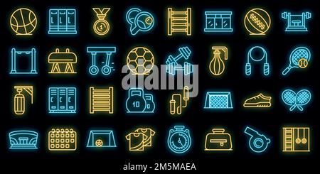Symbole für das Fitnessstudio in der Schule. Skizzieren Satz von Schule Turnhalle Vektor-Symbole Neonfarbe auf schwarz Stock Vektor