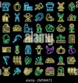 Symbole für den ökologischen Landbau eingestellt. Skizzieren Sie Set von Öko Landwirtschaft Vektor-Symbole Neonfarbe auf schwarz Stock Vektor
