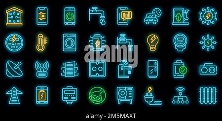 Symbole für Smart Consumption eingestellt. Umreißen Sie eine Reihe von Smart Consumption Vector Icons Neonfarbe auf schwarz Stock Vektor