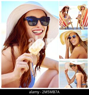 Nichts ist besser als die Hitze am Strand. Zusammengesetztes Bild von jungen Frauen, die Eiscreme am Strand genießen. Stockfoto