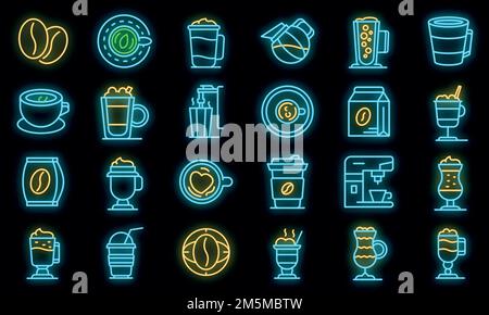 Latte-Symbole eingestellt. Umreißt Set von Latte-Vektor-Symbolen in Neonfarbe auf Schwarz Stock Vektor