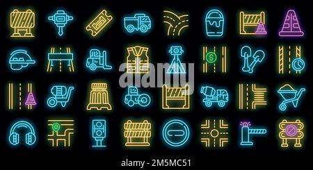 Symbole für Autobahnbau gesetzt. Umreißen Satz von Autobahn Bau Vektor-Symbole Neonfarbe auf schwarz Stock Vektor