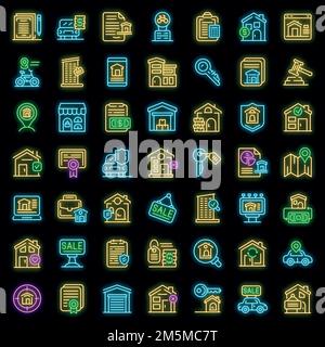 Symbole mieten. Skizzieren Satz von Miete Vektor-Icons Neonfarbe auf schwarz Stock Vektor