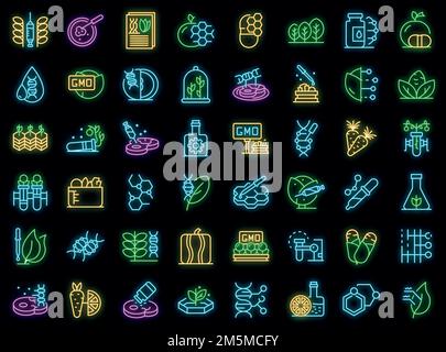 Symbole für GVO-Lebensmittel eingestellt. Umreißen Satz von gvo-Lebensmittel-Vektor-Symbole Neonfarbe auf schwarz Stock Vektor