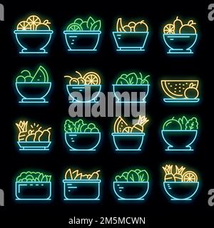 Symbole für Obstsalat. Skizzieren Satz von Obstsalat Vektor-Symbole Neonfarbe auf schwarz Stock Vektor