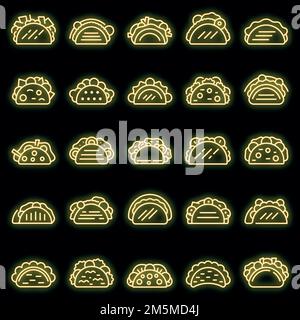 Tacos-Symbole eingestellt. Umreißen Satz von Tacos Vektor-Symbole Neonfarbe auf schwarz Stock Vektor