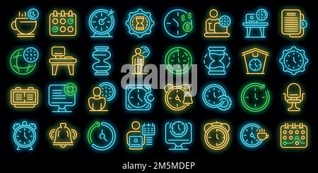 Symbole für flexible Arbeitszeiten eingestellt. Skizzieren Sie eine Reihe von Vektorsymbolen für flexible Arbeitszeiten in Neonfarbe auf Schwarz Stock Vektor