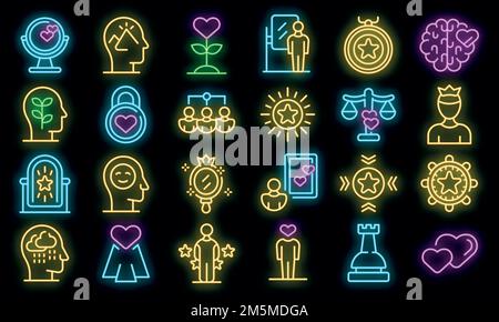 Symbole für Selbstwertgefühl eingestellt. Umreißen Satz von Selbstwertgefühl Vektor-Symbole Neonfarbe auf schwarz Stock Vektor