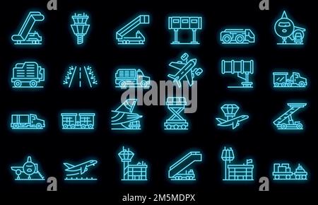 Symbole für Bodenunterstützung am Flughafen gesetzt. Skizzieren Sie Set von Flughafen Bodenunterstützung Service Vektor-Symbole Neonfarbe auf schwarz Stock Vektor