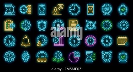 Zeitmanagement-Symbole eingestellt. Umreißt einen Satz von Zeitmanagement-Vektorsymbolen in Neonfarbe auf Schwarz Stock Vektor