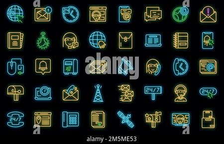Kontaktsymbole eingestellt. Umriss Satz von Kontakt Vektor-Symbole Neonfarbe auf schwarz Stock Vektor