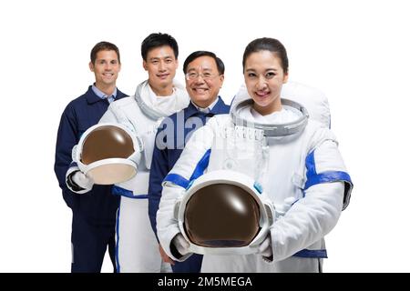 Fotoshooting männlicher Astronauten und Ingenieurteam Stockfoto