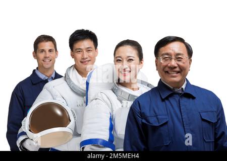 Fotoshooting männlicher Astronauten und Ingenieurteam Stockfoto