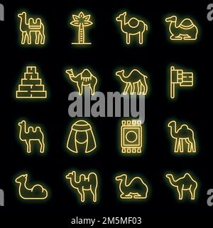 Kamelsymbole eingestellt. Umreißen Satz von Kamel Vektor-Symbole Neonfarbe auf schwarz Stock Vektor