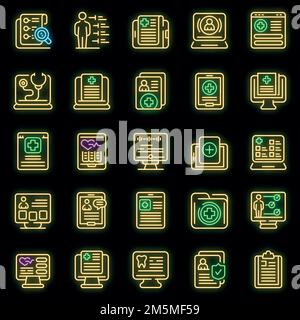 Symbole auf der elektronischen Patientenkarte eingestellt. Umreißen Sie die Vektorsymbole der elektronischen Patientenkarte in Neonfarbe auf Schwarz Stock Vektor