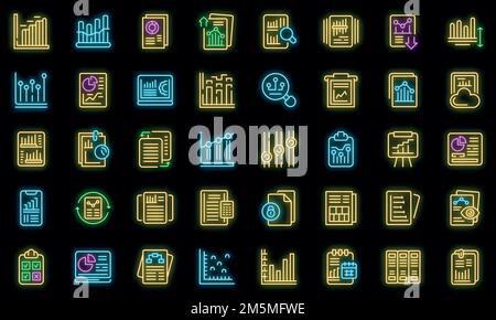 Symbole für Geschäftsberichte festgelegt. Skizzieren Sie einen Satz von Vektorsymbolen für Geschäftsberichte in Neonfarbe auf Schwarz Stock Vektor