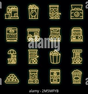 Popcorn Maker Maschine Symbole gesetzt. Skizzieren Satz von Popcorn Maker Maschine Vektor-Symbole Neon-Farbe auf schwarz Stock Vektor
