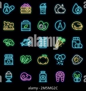 Vitamin-A-Symbole gesetzt. Skizzieren Satz von Vitamin A Vektor-Symbole Neonfarbe auf schwarz Stock Vektor