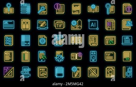 Symbole für technische Dokumente festgelegt. Skizzieren Sie eine Reihe von Vektorsymbolen für technische Dokumente in Neonfarbe auf Schwarz Stock Vektor