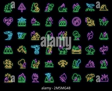 Symbole für brennende Gesamtstruktur gesetzt. Umreißen Satz brennender Wald Vektor-Symbole Neonfarbe auf schwarz Stock Vektor