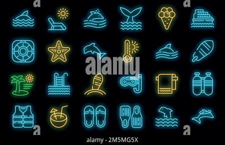Schwimmen Sie mit Delfinen Symbol. Umriss Schwimmen mit Delphinen Vektor-Symbol Neonfarbe auf schwarz Stock Vektor