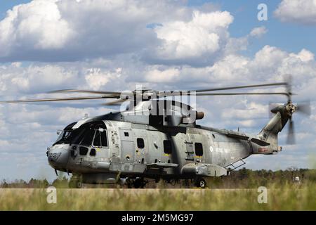 Die Royal Navy 'MOHAWK' Flight Crew, 814 Naval Air Squadron, die derzeit mit der Britischen Royal Navy Fregatte HMS Portland (F79) operiert, startet den Merlin Mk2 Helikopter am Marine Corps Air Station (MCAS) Beaufort, S.C., 25. März 2022. Die Flugbesatzung hat ihren ursprünglichen Flugplan von Jacksonville, N.C. nach MCAS Beaufort umgeleitet und Flugplatzanlagen genutzt und routinemäßige Wartungsarbeiten durchgeführt. (USA Marinekorps Fotos von CPL. Aidan Parker) Stockfoto