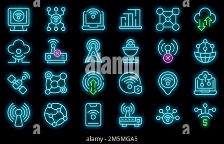Symbole für die Internetverbindung eingestellt. Umreißen Sie Set von Internet-Verbindung Vektor-Symbole Neonfarbe auf schwarz Stock Vektor