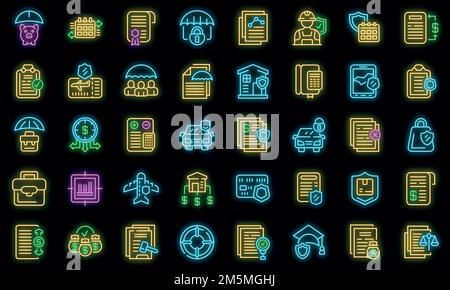 Haftungssymbole festgelegt. Skizzieren Sie einen Satz von Haftungs-Vektor-Symbolen in Neonfarbe auf Schwarz Stock Vektor