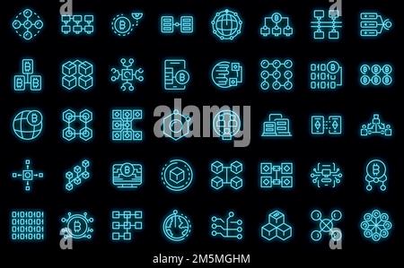 Symbole für Blockketten gesetzt. Umreißt einen Satz von Block-Kette-Vektor-Symbolen Neonfarbe auf schwarz Stock Vektor