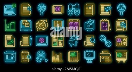 Symbole für Marktstudien gesetzt. Skizzieren Satz von Marktstudien Vektor-Symbole Neonfarbe auf schwarz Stock Vektor