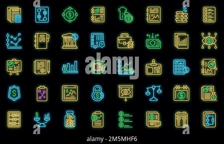 Symbole für die Finanzplanung eingestellt. Skizzieren Satz von Finanzplanung Vektor-Symbole Neonfarbe auf schwarz Stock Vektor