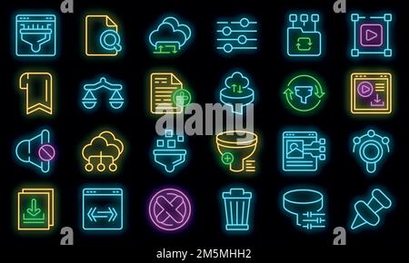 Symbole für Filtersuche eingestellt. Umreißt einen Satz von Vektorsymbolen für die Filtersuche in Neonfarbe auf Schwarz Stock Vektor