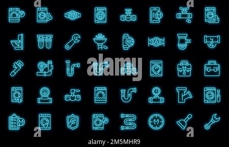 Symbole für die Reparatur von Waschmaschinen eingestellt. Umriss Satz von Waschmaschinen Reparatur Vektor-Symbole Neonfarbe auf schwarz Stock Vektor