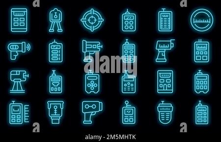 Symbole für das Lasermessgerät eingestellt. Umreißen Sie Satz von Laser-Meter-Vektor-Symbole Neonfarbe auf schwarz Stock Vektor