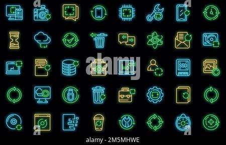 Regenerationssymbole eingestellt. Umreißt einen Satz von Regenerationsvektoren, Neonfarben auf Schwarz Stock Vektor