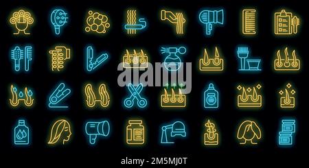 Symbole für lockiges Haar eingestellt. Umreißen Satz von lockigen Haar Vektor-Symbole Neonfarbe auf schwarz Stock Vektor