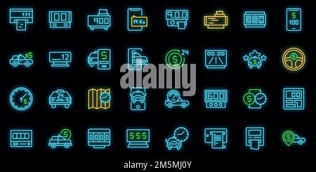 Symbole für Taxameter eingestellt. Umreißt die Symbole der Taxameter-Vektor-Symbole in Neonfarbe auf Schwarz Stock Vektor