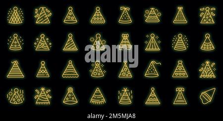 Partyhüte Ikonen Set. Skizzieren Satz von Party Hüte Vektor-Icons Neon-Farbe auf schwarz Stock Vektor