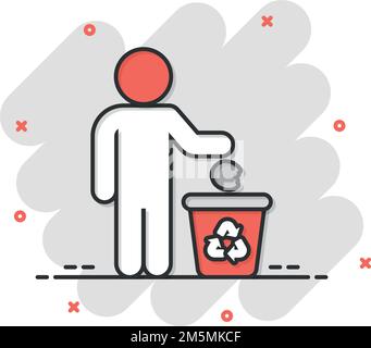 Mülltonne mit People-Ikone im Comic-Stil. Recyceln Sie Cartoon-Vektor-Illustration auf weißem isolierten Hintergrund. Papierkorb Splash-Effekt Zeichen Geschäft Stock Vektor