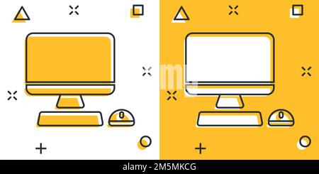 PC im Comic-Stil. Desktop-pc Cartoon-Vektor-Illustration auf isolierten Hintergrund. Monitor-Display Splash-Effekt Zeichen Geschäftskonzept. Stock Vektor