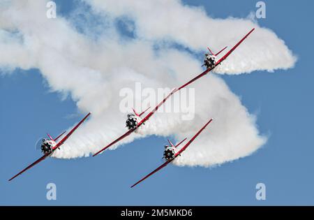 Das AeroShell Aerobatic Team führt am 26. März 2022 am Columbus Air Force Base in der 2022 Wings Over Columbus Airshow ein Luftmanöver durch. Das AeroShell Aerobatic Team fliegt in der T-6A Texan II, einem Flugzeug, das in den USA zum Ausbilden von Piloten eingesetzt wurde Die Luftwaffe. Stockfoto