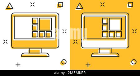 PC im Comic-Stil. Desktop-pc Cartoon-Vektor-Illustration auf isolierten Hintergrund. Monitor-Display Splash-Effekt Zeichen Geschäftskonzept. Stock Vektor